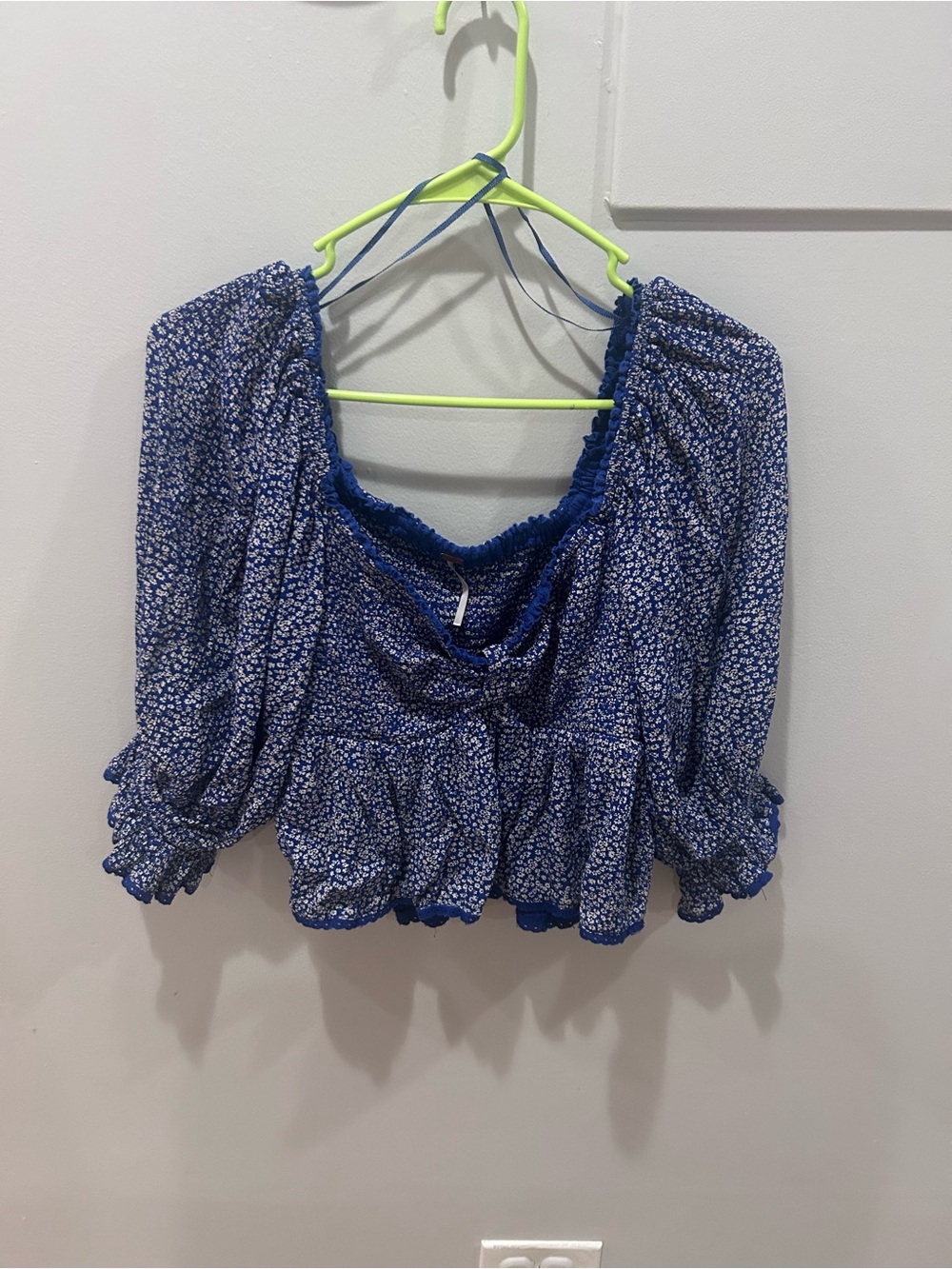 Free People Brittnee Floral Cropped Peplum Smocked Puff Sleeve Top Small
